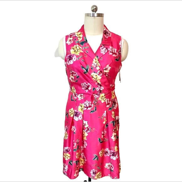 Shelby Nites | Hot Pink Taffeta Floral Sleeveless Collar Wrap Front Flare Dress - Picture 1 of 17